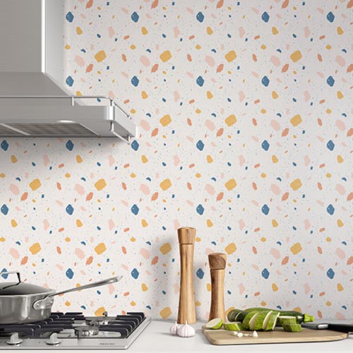 Terrazzo vinyl wrap used to cover back splash