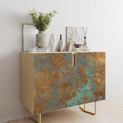 Metal effect vinyl wrap used on a side board