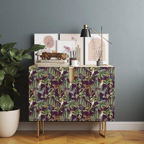 Tropical vinyl wrap used to cover the front of a cupboard