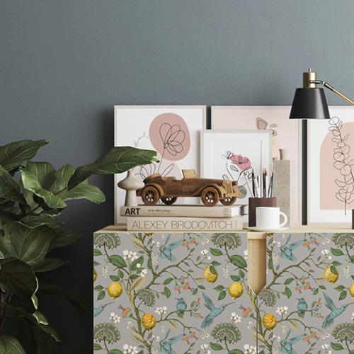 Nature-inspired vinyl wrap used on a cupboard