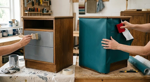one drawer being painted and the other being vinyl wrapped
