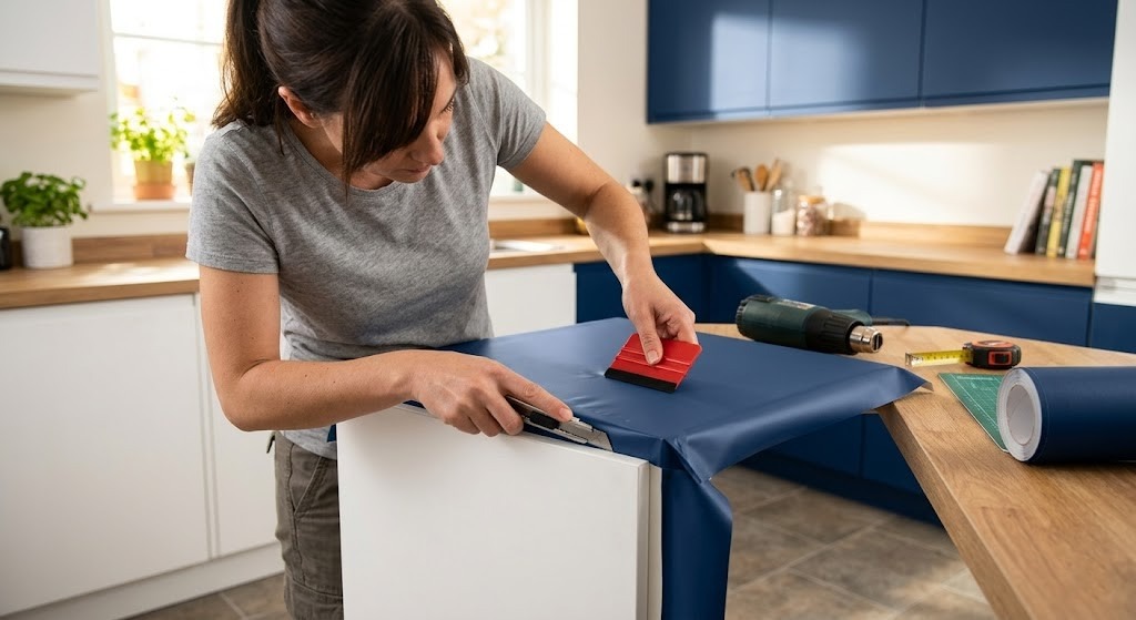 woman putting decorwrap vinyl on kitchen top